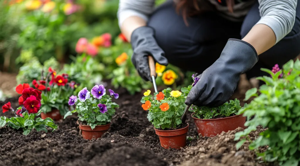 A woman wearing gardening gloves is planting flowe