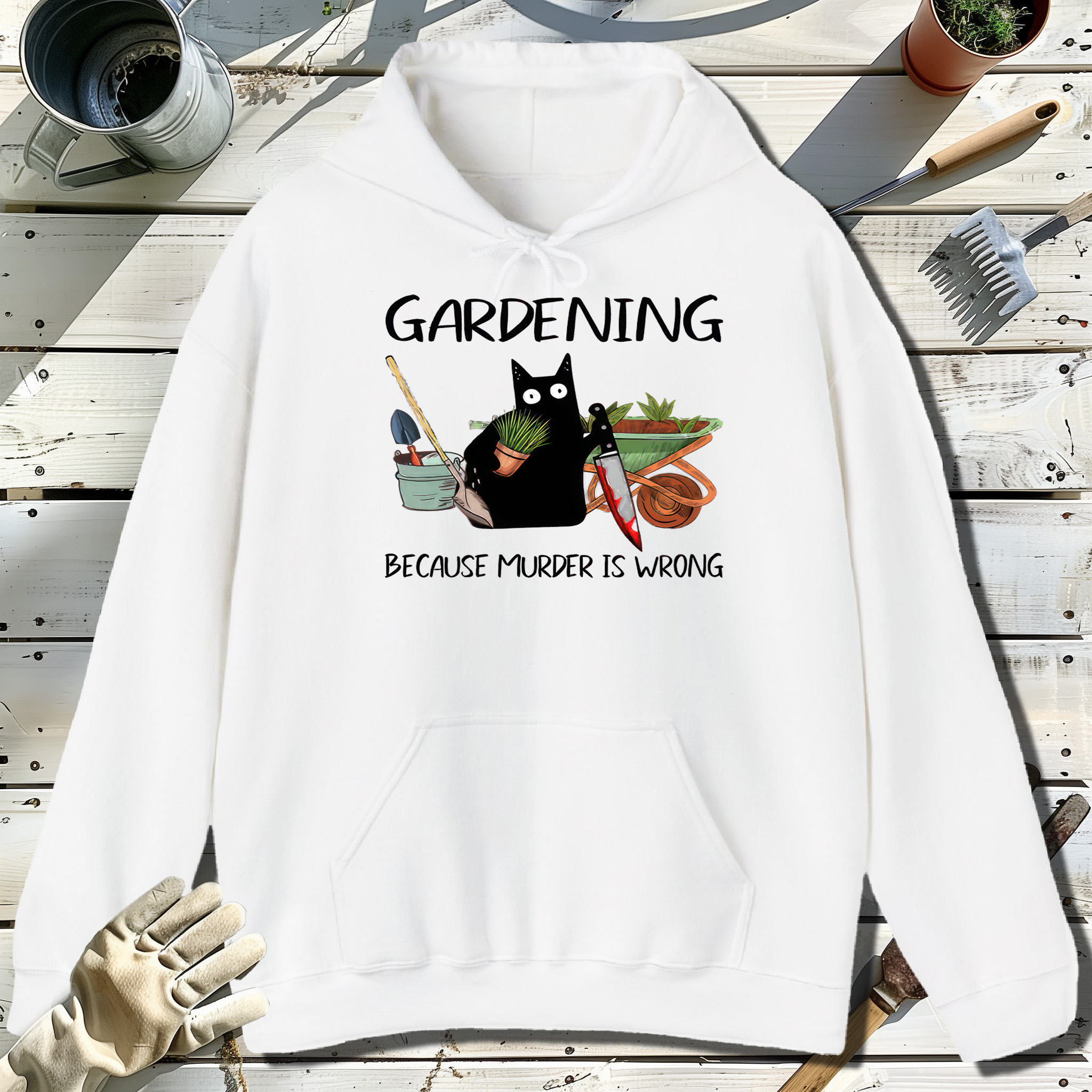 Black Cat Gardening Because Murder Is Wrong White Hoodie