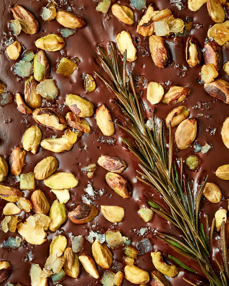 Dark Chocolate Bark with Sea Salt, Rosemary, Pistachios, and Candied Citrus